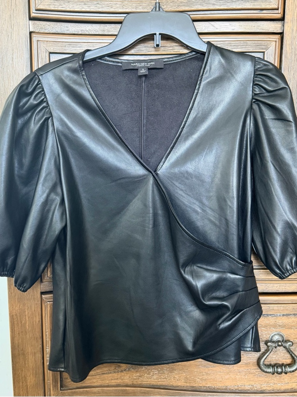 Marc Fisher Ltd Faux Leather Wrap Top - Black